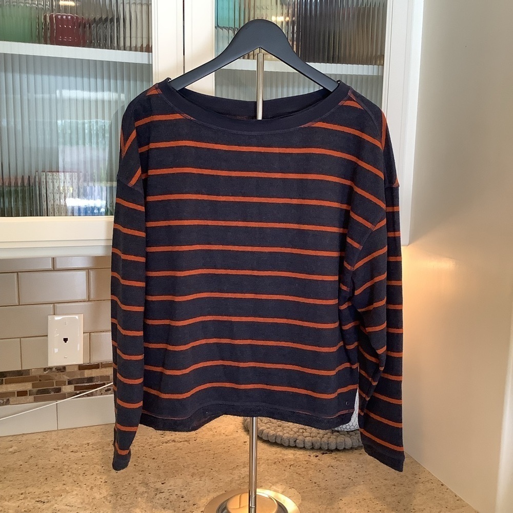 Prana Navy and Orange Striped Sweater Size Small Nautical Long Sleeves